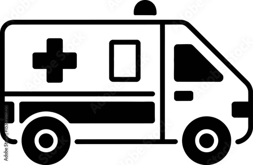A black and white graphic illustration of an ambulance with a cross symbol on it