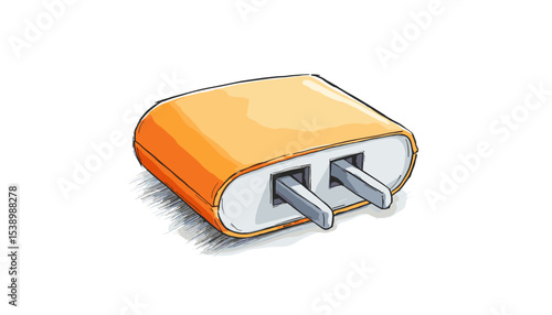 Orange electrical plug with two prongs on white background in simple sketch style    