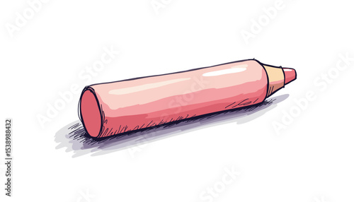Pink highlighter pen lying on a surface with a slight shadow in simple sketch style    