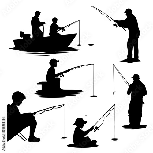 Silhouettes of people fishing in various poses