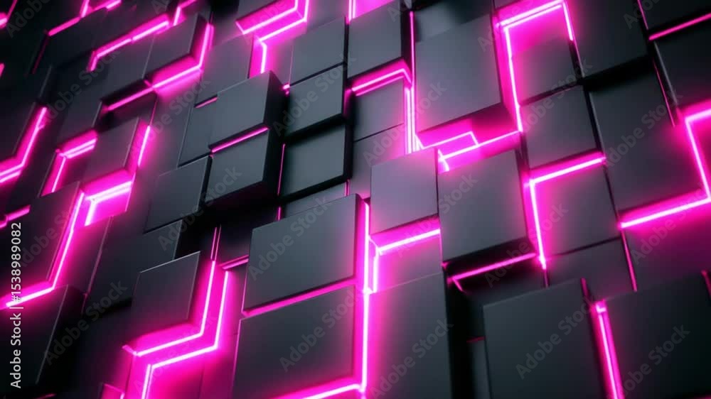 Abstract arrangement of black cubes illuminated by bright pink neon light accents Abstract arrangement of black cubes illuminated by bright pink neon light accents