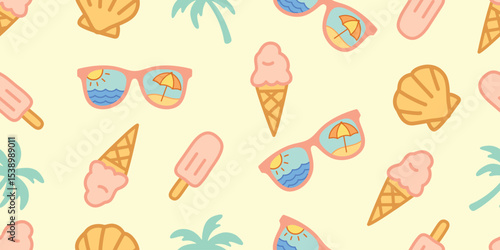 Palm trees, Ice cream bar, Ice cream cone, Scallop Shell, Sunglasses seamless pattern. Hawaii summer fashion for fabric, textiles, clothing, poster