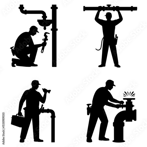Silhouette illustrations of plumbers at work scenes