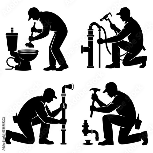 Silhouette of plumbers repairing plumbing fixtures