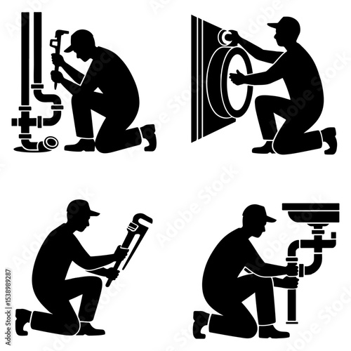 Silhouetted plumbers repairing various plumbing work