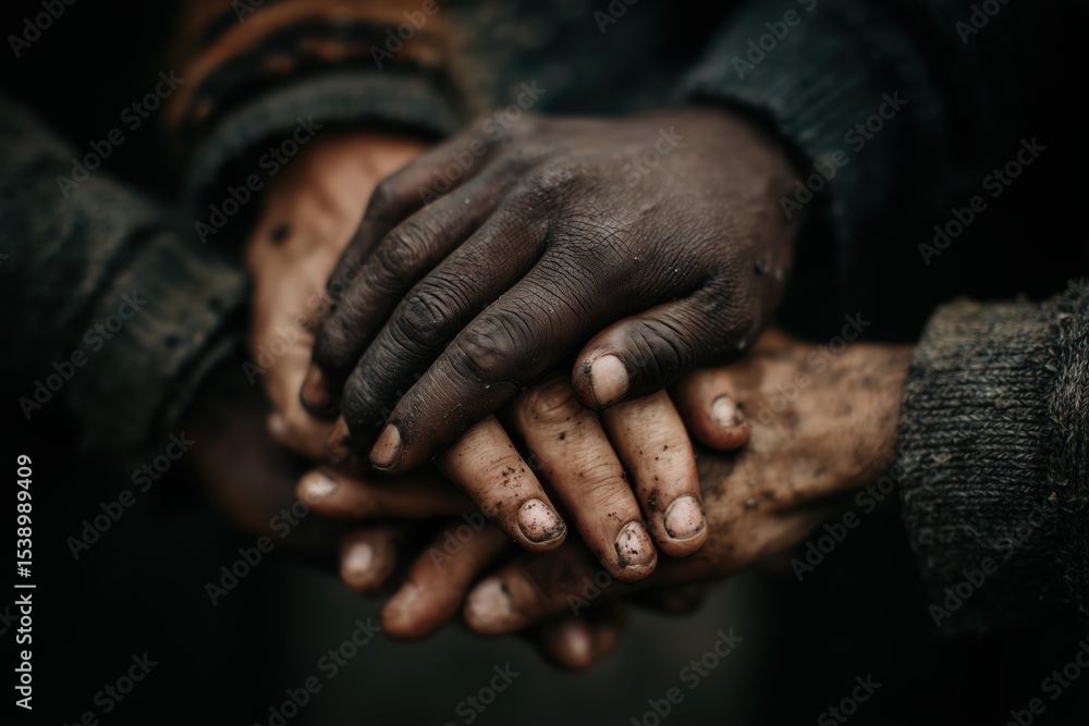 Fototapeta premium dirty hands clasped together symbolizing unity, trust, and teamwork in tough conditions
