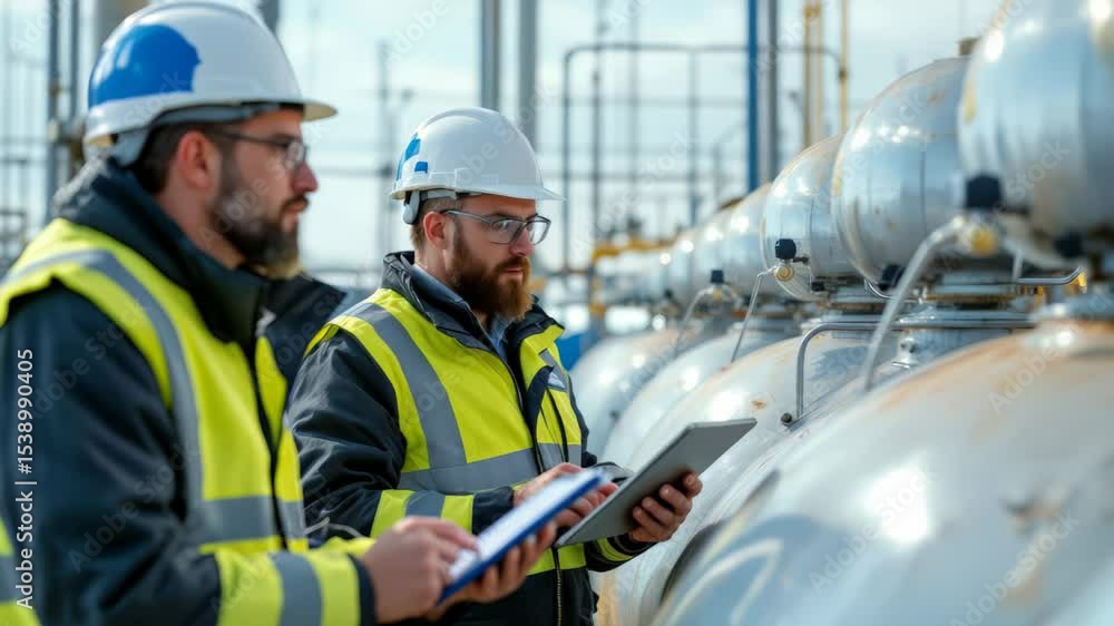 Two male engineers in hard hats and safety vests inspect large industrial pipes and tanks outdoors, using a clipboard and tablet under bright daylight. Concept of engineering supervision Two male engineers in hard hats and safety vests inspect large industrial pipes and tanks outdoors, using a clipboard and tablet under bright daylight. Concept of engineering supervision