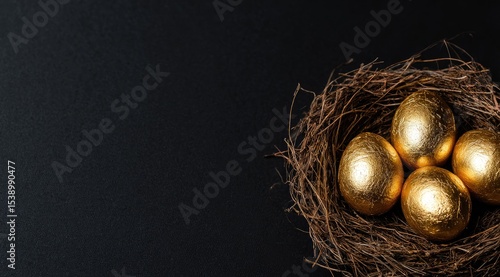 Wallpaper Mural Four gleaming gold eggs nestle in a rustic bird's nest against a stark black background, leaving ample negative space Torontodigital.ca