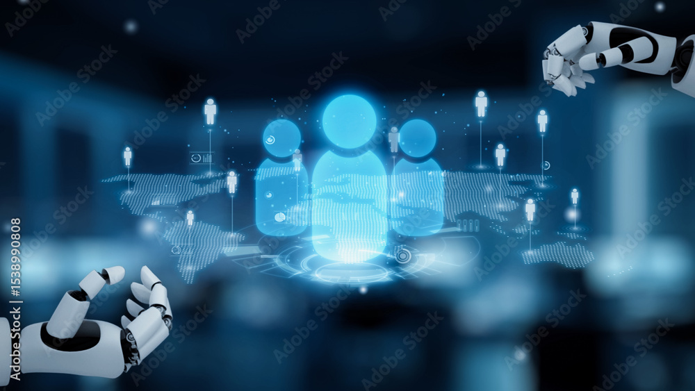 Fototapeta premium AI boosts people networking with artificial intelligence insights, virtual assistant introductions, and AI-enhanced digital business engagement. Kernel