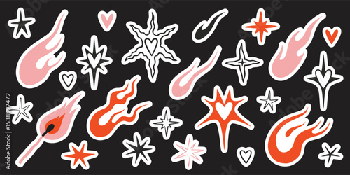 Cool sticker pack with fire, stars, heart, flames and match in y2k aesthetic, vintage, old school tattoo neo tribal style. Die cut with white outline. Trendy modern flat vector illustration