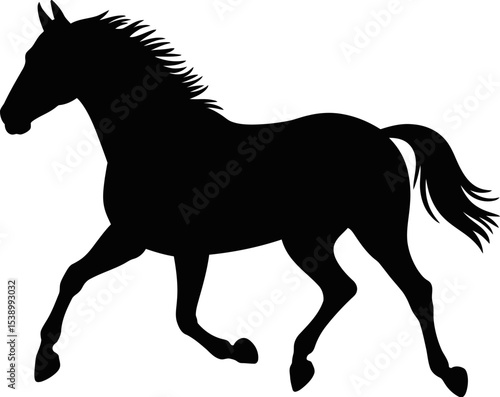 Silhouette of a running horse with a flowing mane and tail on a white background