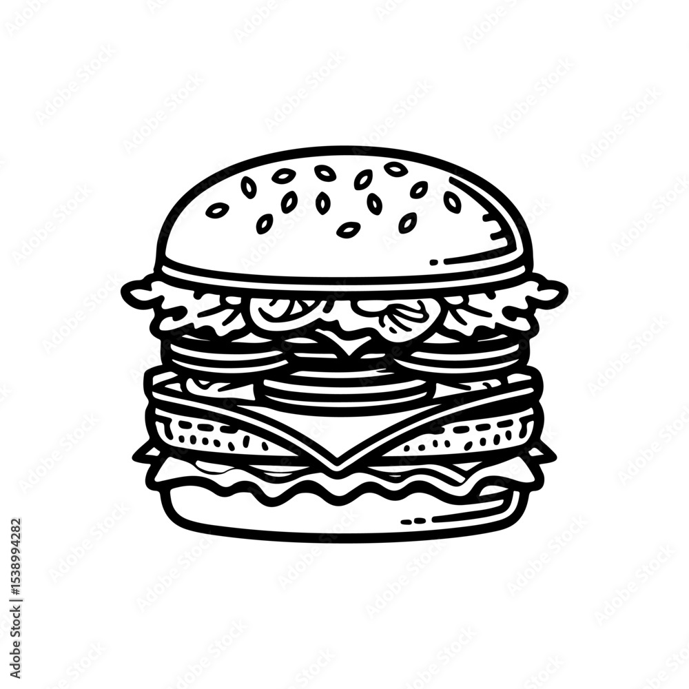 Illustration of burger. Design element for logo, label, badge, emblem. Vector illustration Illustration of burger. Design element for logo, label, badge, emblem. Vector illustration