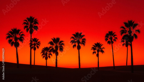 Silhouettes of palm trees against vibrant red-orange sunset sky  