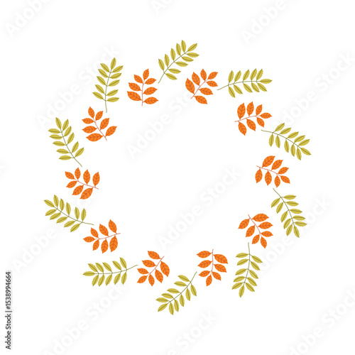 Autumn fall. Autumn leaves circle frame. Round border made of fall leaves in orange, yellow, and green. Vector flat isolated on white background.