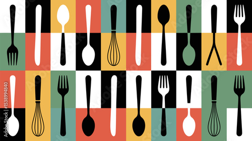Retro kitchen utensils pattern background forks spoons knives whisk cooking tools graphic design wallpaper 100 editable stock vector illustration