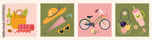 Square summer compositions with picnic basket, straw hat, sunglasses, umbrella, bicycle with flowers, fruit bag and reusable drink cup. Trendy modern vector illustration, hand drawn, flat design