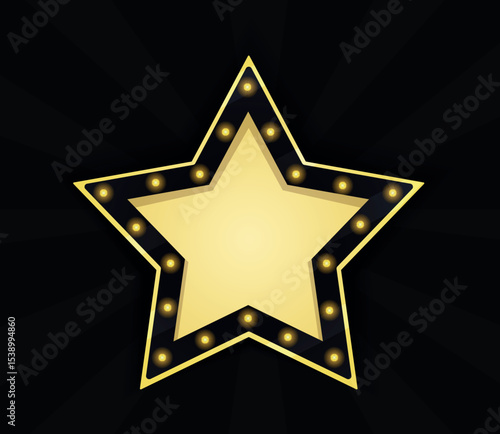 Vector illustration of glowing golden star on black background with space for text. Element of show, badge, ceremony, movie poster or award. Bright neon style for banners and design