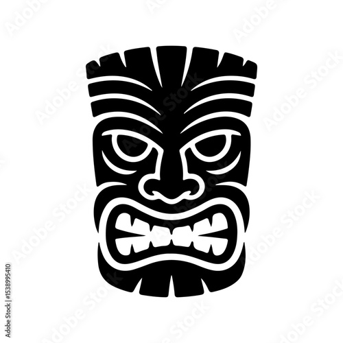Tiki tribal wooden mask set and Tiki mug. Hawaiian traditional elements. Colored, wooden and black and white silhouette. Vector illustration