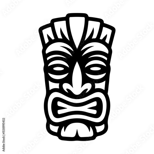 Tiki tribal wooden mask set and Tiki mug. Hawaiian traditional elements. Colored, wooden and black and white silhouette. Vector illustration