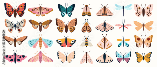 Big set of various colorful butterflies, moths and dragonflies. Cute flying insects collection. Trendy modern vector illustration isolated on white background, hand drawn, flat design