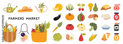 Farmers market set with fresh vegetables, fruits, herbs, cheeses, preserves, eco bags and gardening tools. Local food and sustainable lifestyle. Trendy modern vector illustration, hand drawn, flat