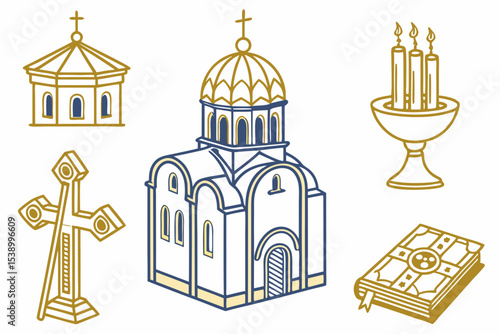 Flat Vector Set of Orthodox Christian Symbols and Architecture
