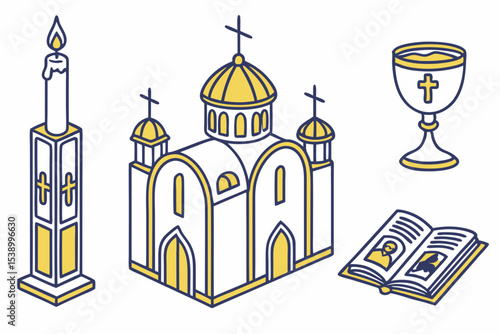Flat Vector Set of Orthodox Christian Symbols and Architecture
