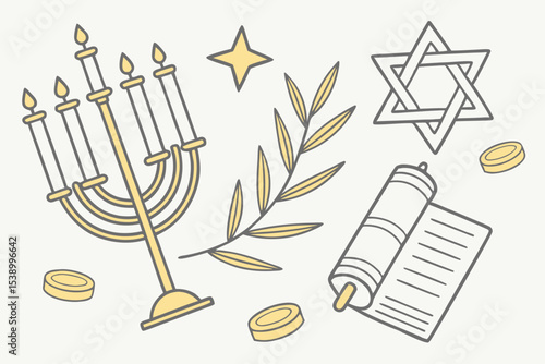 Vector Set of Hanukkah and Jewish Symbols in Minimal Flat Style
