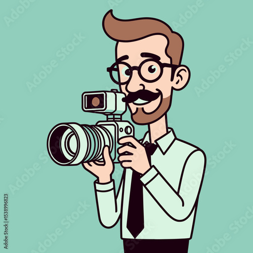 Cartoon Photographer with Vintage Camera-Funny Character Illustration-Mustache and Glasses-Photography Hobby-Quirky Photography Design-Creative Content Creation