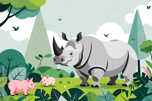 Cartoon Rhinoceros with Pigs in Green Landscape-Cute Animal Vector Art-Illustration of Wildlife and Nature-Perfect for Children's Content