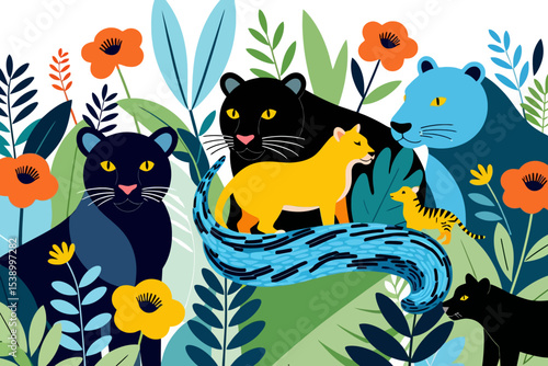 Colorful Jungle Cats Illustration-Whimsical Feline Family-Abstract Panther Art-Tropical Foliage Decor-Modern Animal Graphic-Playful Exotic Wildlife Scene