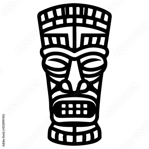 Tiki tribal wooden mask set and Tiki mug. Hawaiian traditional elements. Colored, wooden and black and white silhouette. Vector illustration