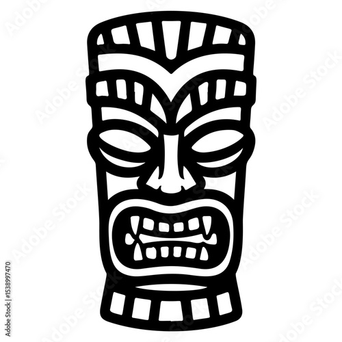 Tiki tribal wooden mask set and Tiki mug. Hawaiian traditional elements. Colored, wooden and black and white silhouette. Vector illustration