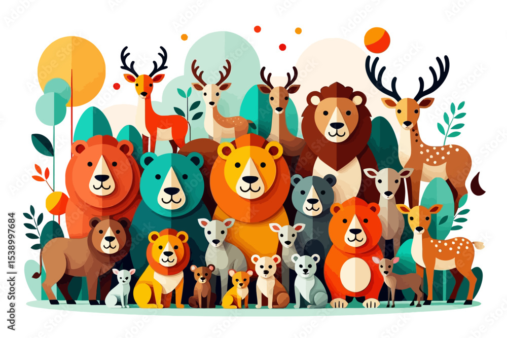 Fototapeta premium Cute Cartoon Animals-Bears Lions and Deer Illustration-Colorful Forest Animals Art-Whimsical Animal Design for Kids-Nature Inspired Art Print