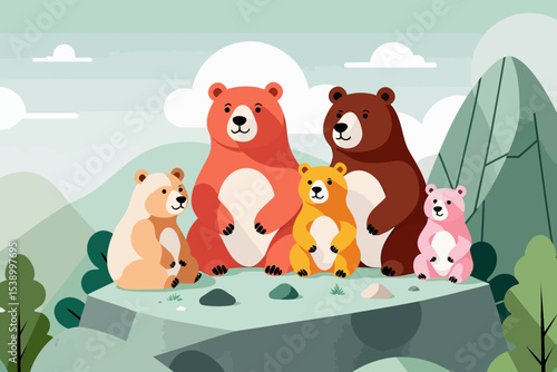 Cute Cartoon Bear Family in Nature - Whimsical Bear Illustration for Kids - Colorful Bears in a Mountain Landscape - Adorable Animal Art Print for Nursery Decor