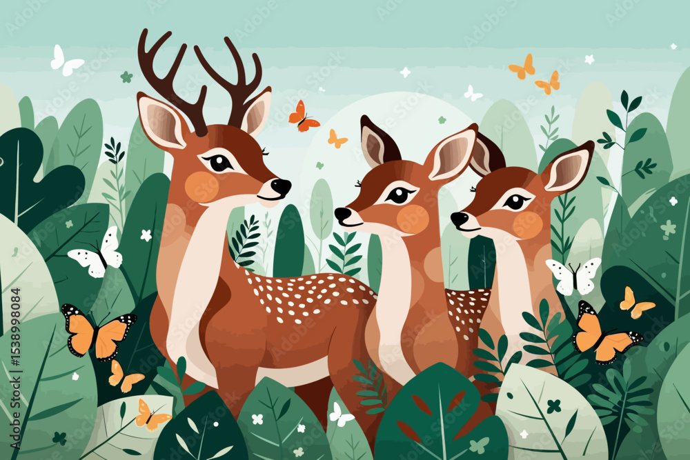 Fototapeta premium Cute Deer Family in Forest Illustration - Cartoon Deer with Butterflies and Green Foliage - Whimsical Animal Art for Kids Decor and Nature Lovers