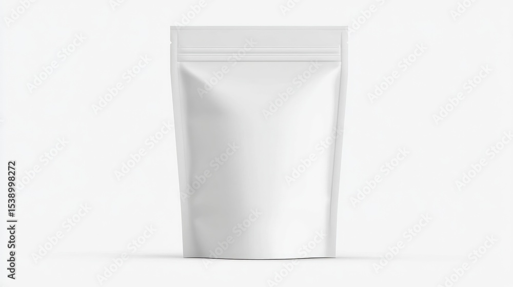 Plain white packaging pouch standing upright on a clean surface, ideal for product display Plain white packaging pouch standing upright on a clean surface, ideal for product display