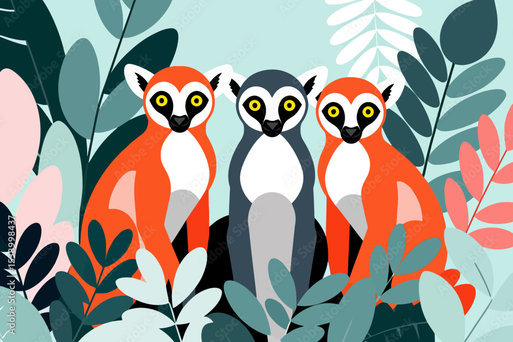 Obraz premium Cute Lemur Illustration - Three Colorful Lemurs in a Jungle - Playful Animal Art for Kids and Adults - Modern Graphic Design featuring Wildlife