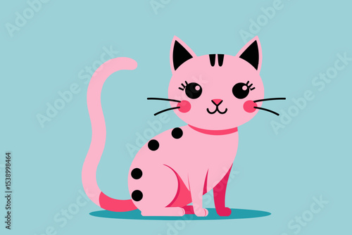 Cute Pink Cartoon Cat Illustration-Adorable Kitten Character Design-Playful Feline Artwork on Light Blue Background-Whimsical Cat Clipart for Kids