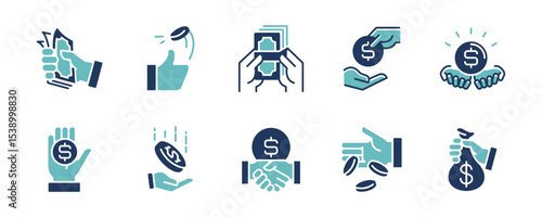 simple hand holding money dollar cash and coin icon set business finance currency balance earning, investment, payment, loan, deposit, wealth signs vector illustration