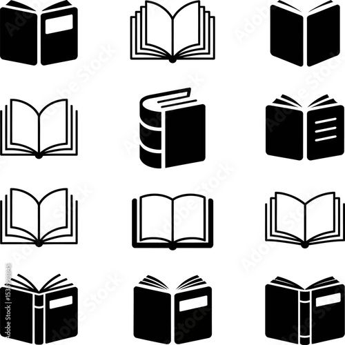 Collection of nine black and white book icons in various open and closed positions