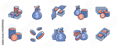 coin and money dollar cash icon line set financial accounting currency business wealth profit vector illustration. online payment, earning, donation, tip, loan signs outline design