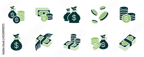 Simple collection of money dollar cash and coin icon set economy finance bank savings accounting online currency. Pile of coins, stack of money, money bag vector illustration for web and app