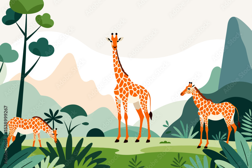 Obraz premium Giraffe Family in Jungle-Cute Giraffes in Natural Habitat-African Wildlife Illustration-Giraffe Cartoon Vector Art-Wildlife Conservation Art