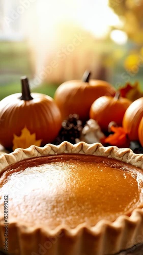 Delicious fresh baked pumpkin pie with pumpkins and autumn leaves displayed for a fall celebration