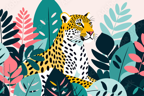 Leopard Illustration - Jungle Cat Art - Tropical Leaves Design - Colorful Animal Graphics - Modern Wildlife Art - Stylish Leopard Print - Exotic Decor Ideas