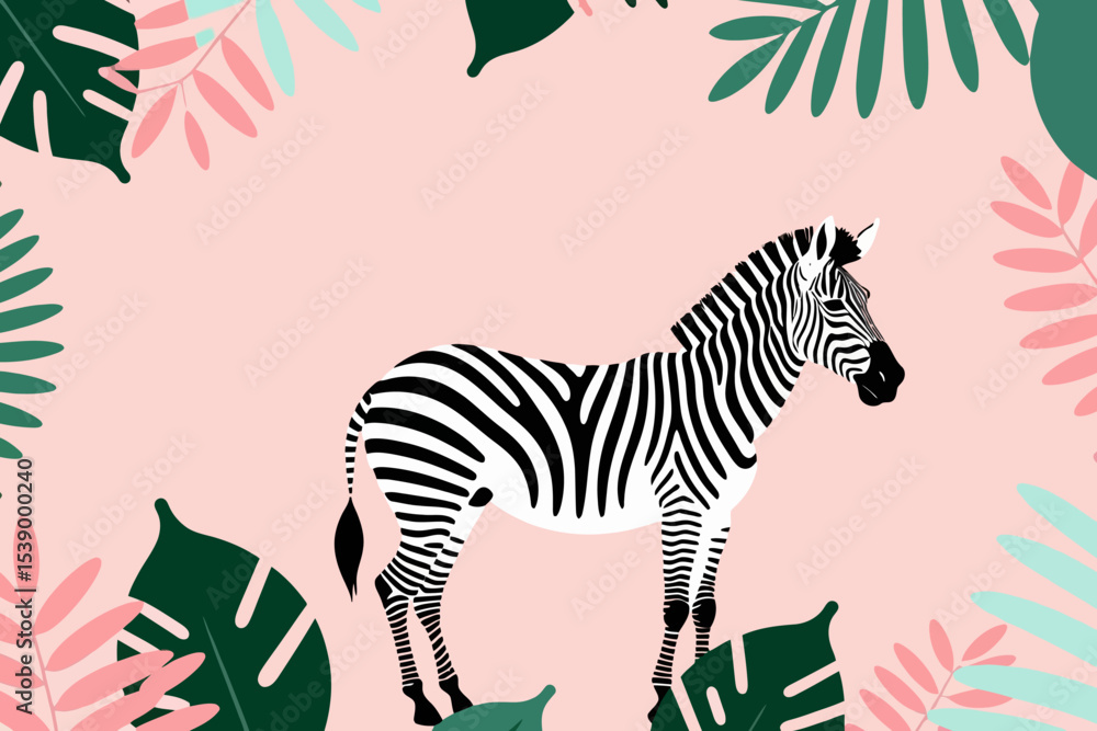 Obraz premium Zebra Illustration with Tropical Leaves-Unique Animal Art-Perfect for Nursery Decor-Whimsical Wildlife Design-Safari Theme Wall Art-Jungle Inspired Home Decor