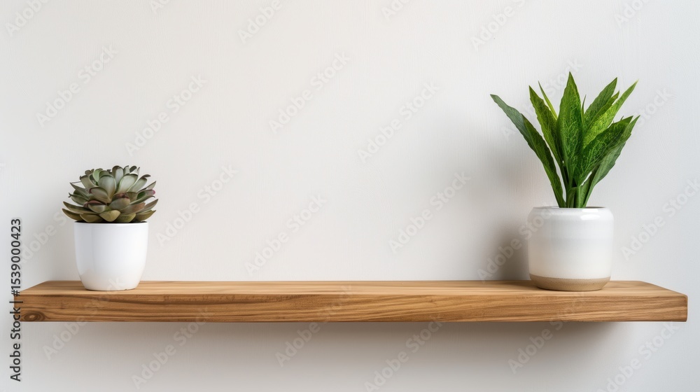Fototapeta premium Wooden shelf mounting minimalist white interior, featuring succulent and snake plant creating serene, contemporary living space ambiance
