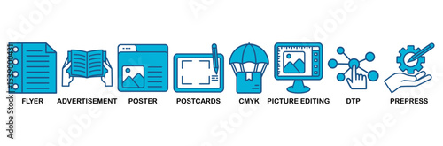 Print icon set vector illustration concept with icon of flyer, advertisement, brochure, poster, postcards, cmyk, picture editing, dtp, and prepress