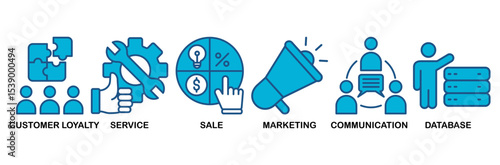 CRM icon set vector illustration concept for customer relationship management with icon of customer loyalty, service, sale, marketing, communication, and database